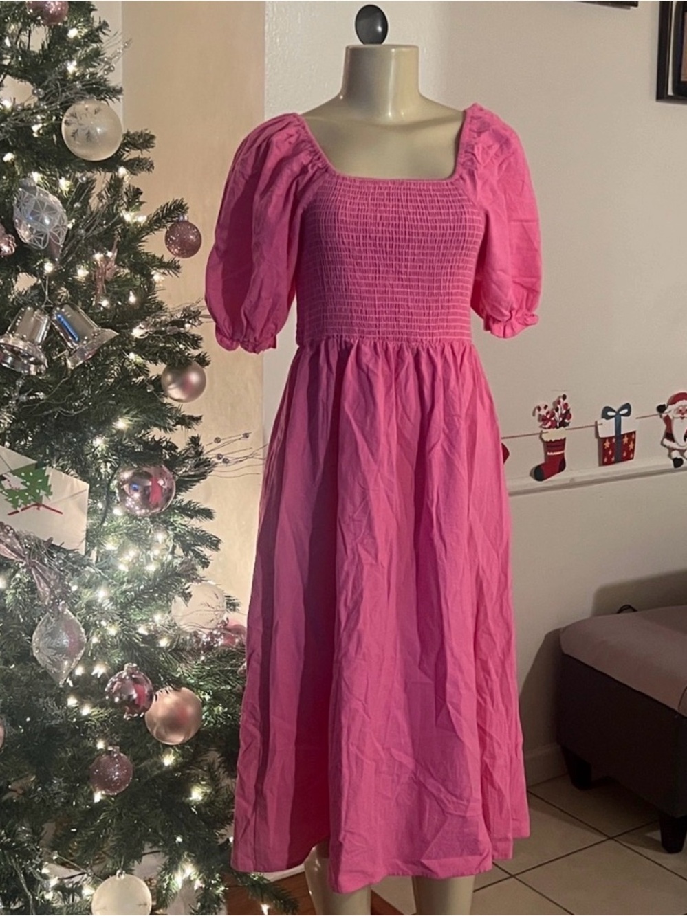 Pink Puff Sleeve Smocked Midi Dress